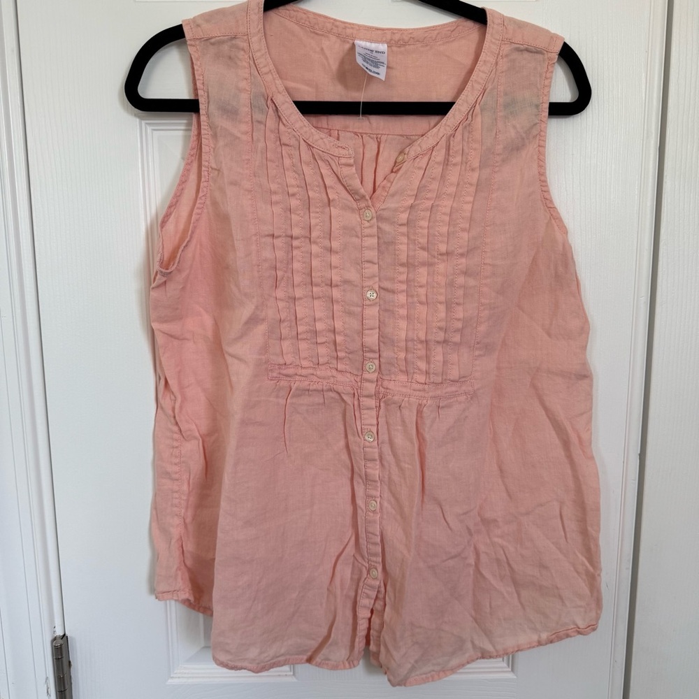 Lands End Peach Pink 100%‎ Linen Sleeveless Button-Up Tunic Boho Top Size 14 EUC